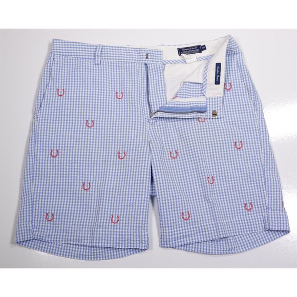 Vineyard Vines Kentucky Derby Blue Seersucker Flat Front Breaker Shorts Men's 34 - Picture 5 of 7